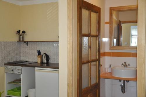 a kitchen with a sink and a mirror at Villa Olma in Okrug Gornji