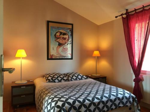 a bedroom with a bed and two lamps and a picture at Villa L'Hermitière - 4 étoiles in Oytier-Saint-Oblas