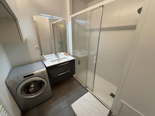 a bathroom with a washing machine and a sink at Appartement moderne Senlis in Senlis