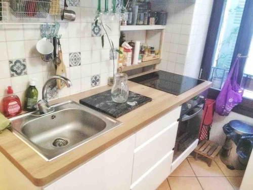 Shared Appartment with Kitten في نيس: مطبخ مزود بحوض ومسطح عمل