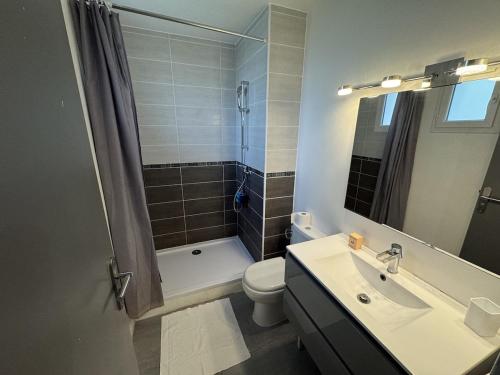a bathroom with a sink and a toilet and a shower at Studio fonctionnel Beauvais in Beauvais