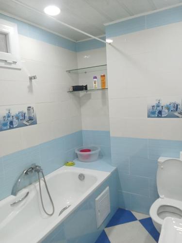 a blue and white bathroom with a tub and a toilet at Cléopâtra 1 in Tefeschoun