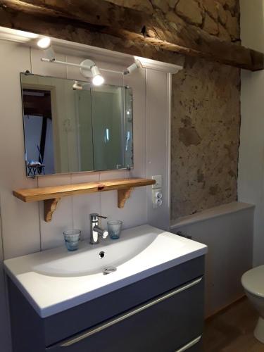 a bathroom with a sink and a mirror at Maison Village Hautefage avec piscine chauffée in Hautefage