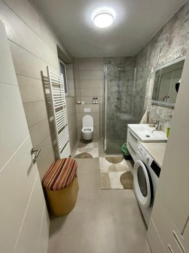 a bathroom with a toilet and a shower and a sink at BLANK apartman u centru in Bjelovar