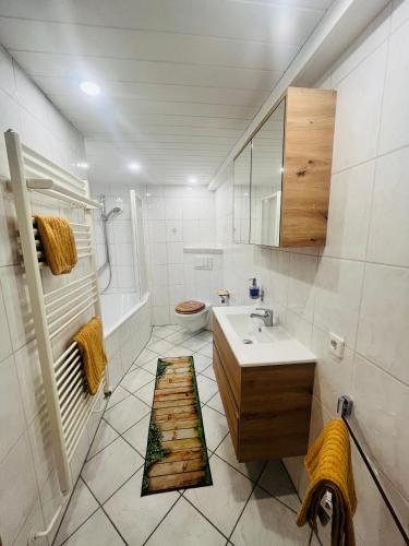 a white bathroom with a sink and a toilet at Ferienhäuser Radebeul "Apartment Altkötzschenbroda" in Radebeul