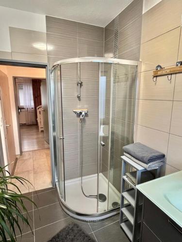 a shower with a glass door in a bathroom at FeWo mit Terrasse Neuwied & Koblenz in Neuwied