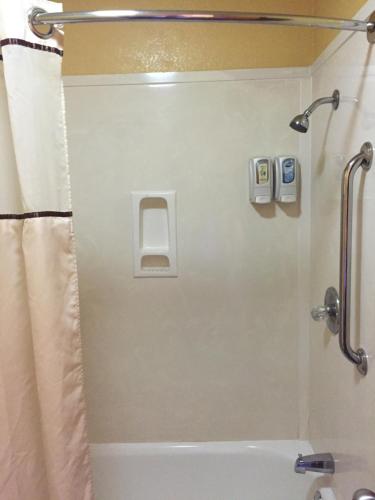 un bagno con doccia con tenda da doccia di Royal Inn Pearsall a Pearsall