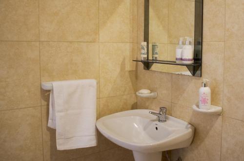 Un baño con lavabo, espejo y toallas. en LELOIR Suites & Meetings, en Neuquén