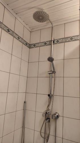 a shower with a shower head in a bathroom at Rivitalo kylpylän lähellä in Kilvakkala