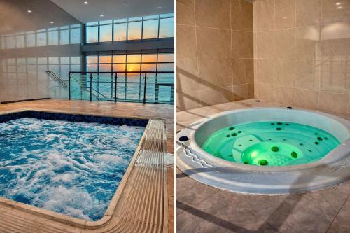 two pictures of a jacuzzi tub in a room at Beachfront Luxury Family Apartment with Pool, Gym, Jacuzzi - AJMAN Corniche UAE in Ajman