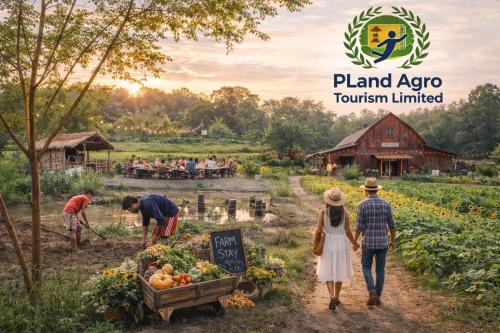 a group of people walking through a garden at PLand Agrotourism in Bharatpur