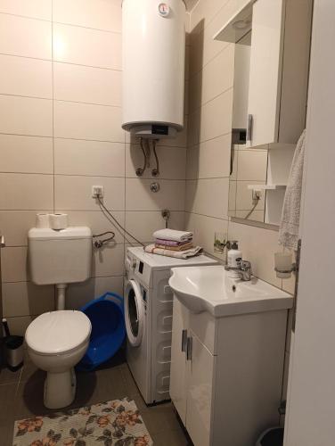 a bathroom with a toilet a sink and a washing machine at Apartman Balkan in Bijeljina