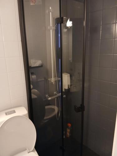 a bathroom with a toilet and a glass shower at Ellivuori, Ellin Pooli2 in Sastamala
