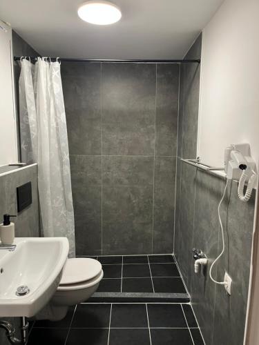 a bathroom with a shower and a toilet and a sink at Ferienwohnung Fatlume No 1 in Bad Honnef am Rhein