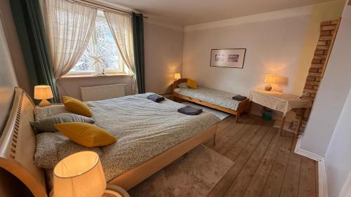 a small bedroom with a bed and a window at Gaiziņstars in Bērzaune