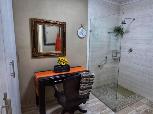 a bathroom with a shower and a desk with a mirror at Klaas Vakie Guesthouse in Beaufort West