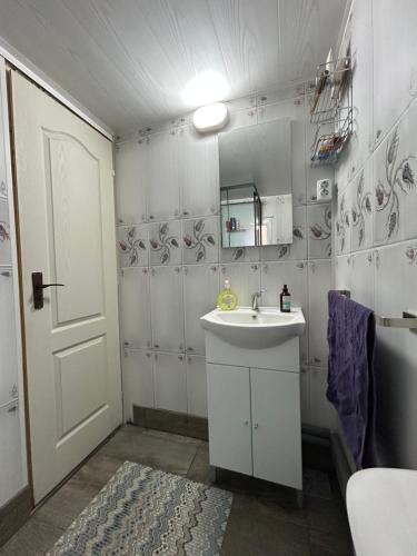 a white bathroom with a sink and a mirror at Cabana Buta in Dumeşti