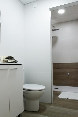 a white bathroom with a toilet and a shower at Suites TDJ Centro in Torredonjimeno