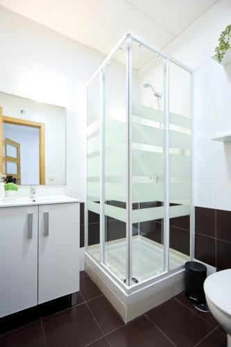 a glass shower in a bathroom with a sink and a toilet at Apartamentos Fuencarral II in Madrid
