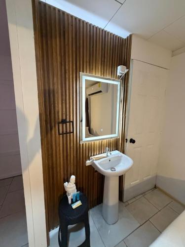 a bathroom with a sink and a mirror at Chinuk Boutique Hotel in Puerto Viejo
