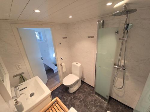 a bathroom with a shower and a toilet and a sink at Nybyggd loftstuga i centrala Grebbestad in Grebbestad