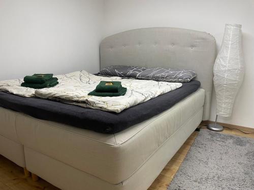 a bed with two green pillows on top of it at OM Moderne Wohnung, WLAN, Küche, Bad in Stadtilm in Stadtilm