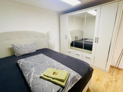 a bedroom with a bed and a mirror at OM Moderne Wohnung, WLAN, Küche, Bad in Stadtilm in Stadtilm