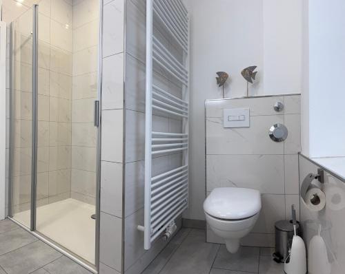 a bathroom with a toilet and a glass shower at Pension zum Kanal in Burg bei Magdeburg