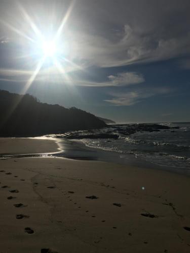 a beach with footprints in the sand and the sun at Points South By The Sea in Apollo Bay