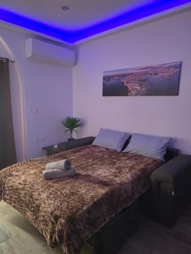a bedroom with a large bed with a blue ceiling at Studio Groundfloor Apartment in Il-Gżira