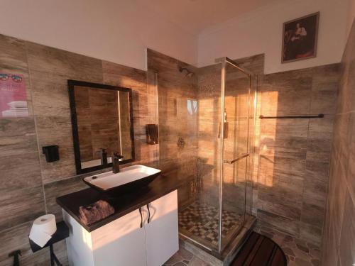 a bathroom with a sink and a shower at Da Vinci - Zur See in Ballito