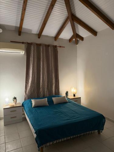 a bedroom with a bed with blue sheets and a window at Villa Soleil des Caraïbes in Gourbeyre