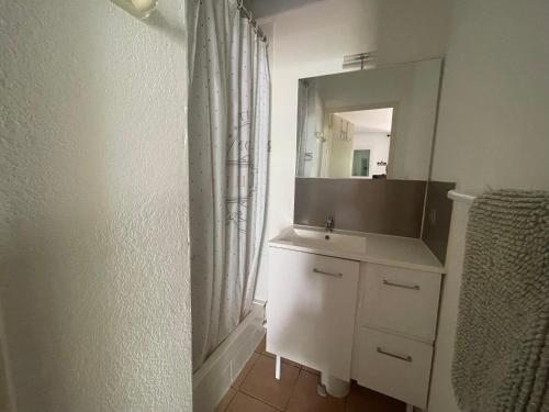 a bathroom with a sink and a mirror at Stephanie Immobilier in Saintes-Maries-de-la-Mer