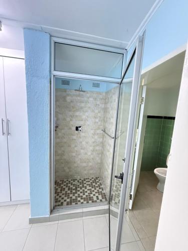 a shower with a glass door in a bathroom at Vimbainashe Villas in Umtali