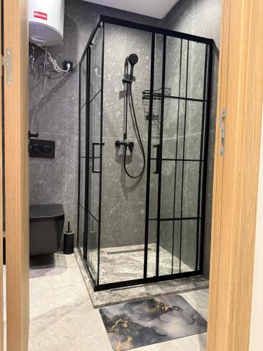 a shower in a bathroom with a glass door at Luxury Studio Casa Center in Casablanca