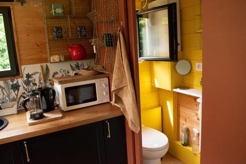 a small kitchen with a microwave on a counter at Tiny house gite bucolique Brocéliande Hébergement insolite et centre bien être in Saint-Brieuc-de-Mauron