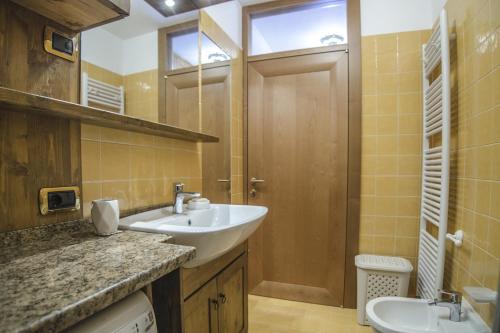 a bathroom with a sink and a toilet and a mirror at Un angolo di relax sulle Dolomiti ampezzane in Cortina dʼAmpezzo