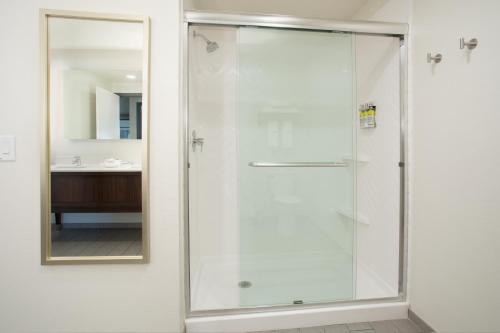 a shower with a glass door in a bathroom at Holiday Inn Glendale - Stadium & Ent Dist by IHG in Glendale