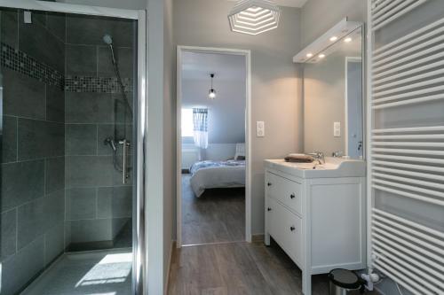 a bathroom with a shower and a sink and a toilet at L'Instant Nouveau chambres d'hôtes in Carennac