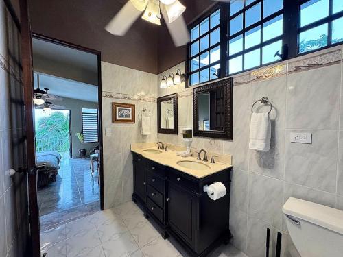 a bathroom with a sink and a toilet and a mirror at Vieques BioBay Bed and Breakfast in Vieques