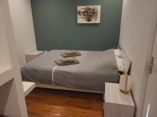 a bedroom with a bed with two pillows on it at F2 chez Cathy et Mike wittenheim in Wittenheim