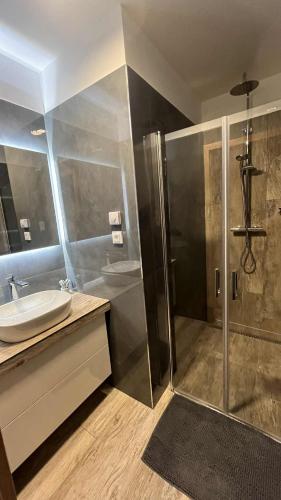 a bathroom with a shower and a sink at Apartmán #7 Mariánská Hora in Albrechtice v Jizerských horách