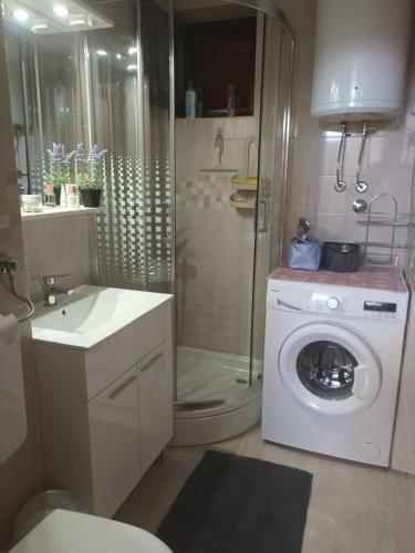 a bathroom with a washing machine and a shower at Apartment Gajac A7 44 in Novalja