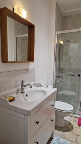 a bathroom with a sink and a toilet and a shower at Gîte de Branchou in Coux