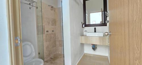 a bathroom with a toilet and a sink and a mirror at New, modern, amazing terrace in Taxco de Alarcón