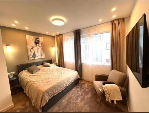 a bedroom with a bed and a chair and a window at Davids place 2 in Floreşti