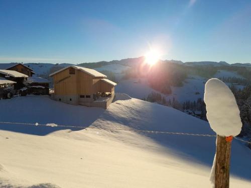 a fence in the snow with the sun in the background at Apartment Hasenbüel by Interhome in Ricken