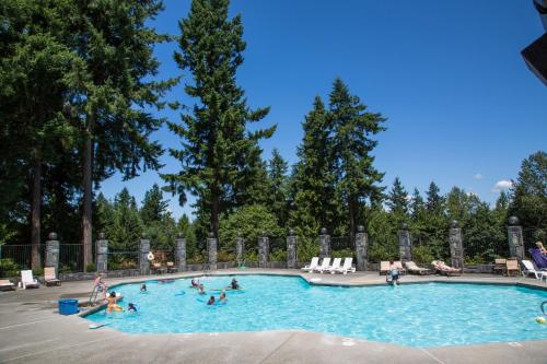 un grupo de personas en una piscina en Tall Chief Camping Resort Cottage 1, en Pleasant Hill