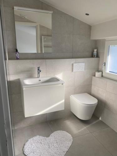 a bathroom with a sink and a toilet and a mirror at De Keizersmantel in Son