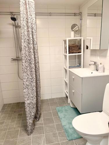 a bathroom with a shower with a toilet and a sink at Skolmästarevägen Åldersgräns 30 in Falun